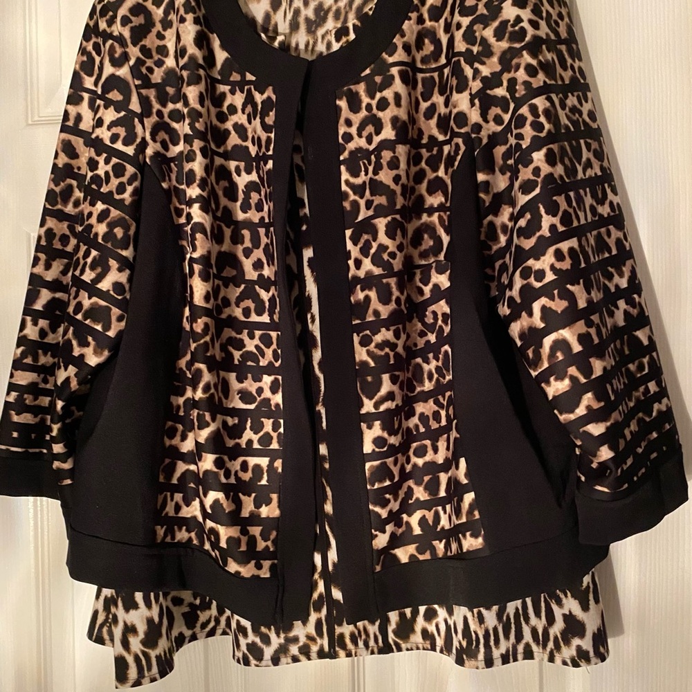 Leopard Print Jacket with Black Accents and coordinated leopard shell top set